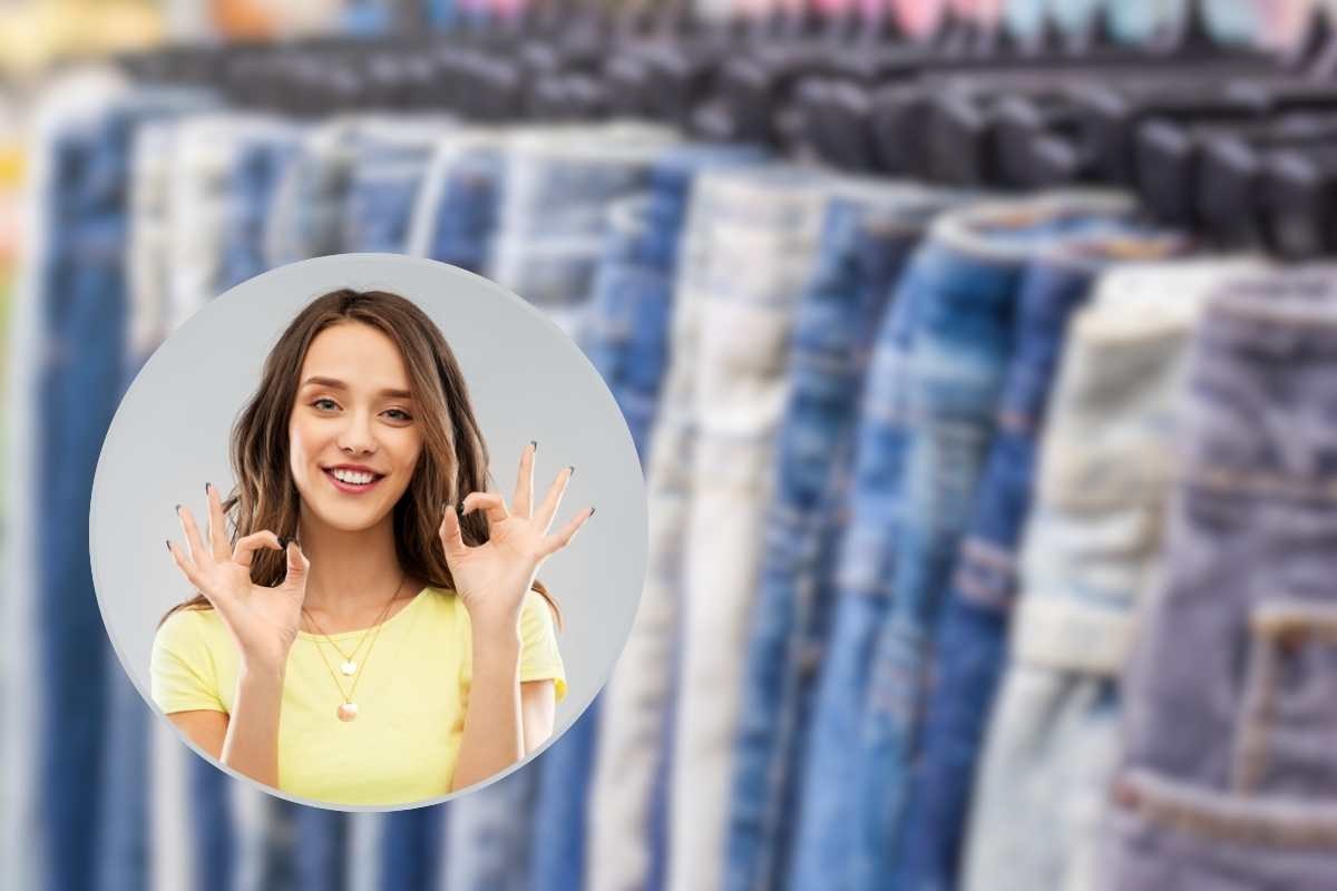 jeans appesi e ragazza nel riquadro che fa il segno 'ok'