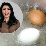 uova nel pentolino in acqua e donna nel riquadro